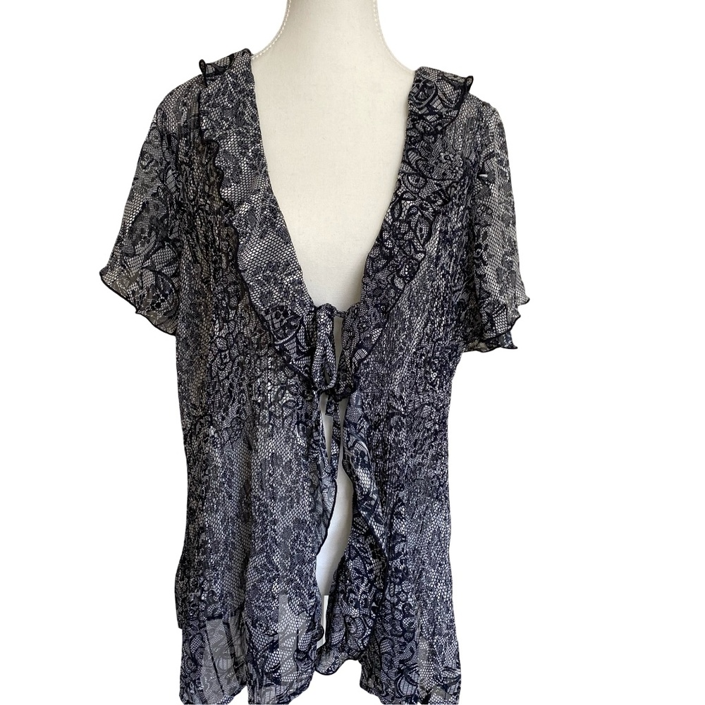 Laura Sheer Black White front tie coverup blouse - Feminine Summer Beach Sz 20